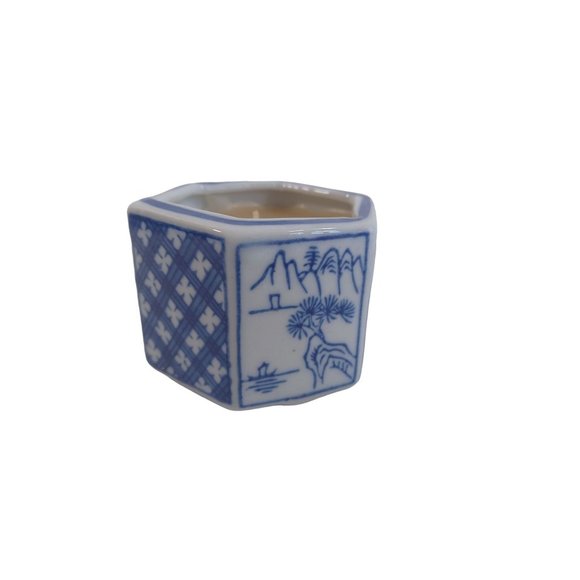 Vintage Delft Blue Porcelain Oriental Hand Painted Trinket Dish w Candle 2 x2.5" - Picture 2 of 5